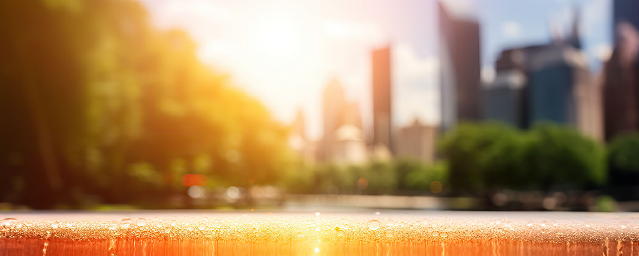 Paysage urbain avec des arbres d’un côté et l’horizon d’une ville de l’autre. Le trottoir est mouillé par la condensation de l'humidité, le soleil brûlant jette une lumière jaune sur tout.