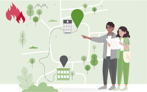 Illustration of a couple looking at an evacuation map.