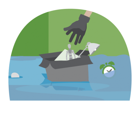 Illustration of a gloved hand cleaning up personal belongings from flood waters in their home.