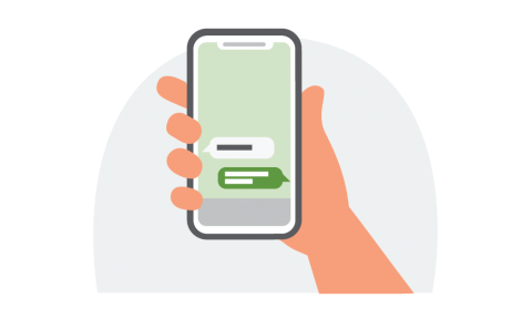 Illustration of a hand holding a smart phone with text messages on it.