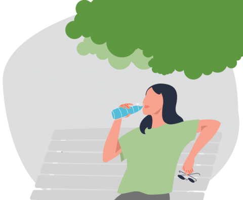Illustration of a woman sitting under a tree drinking water.