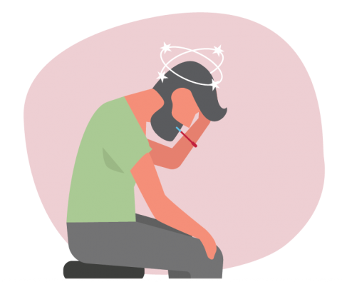 Illustration of a man with red skin, a temperature and a dizzy head.