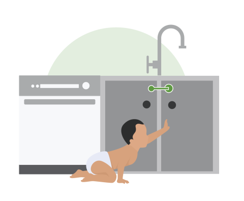 Illustration of a baby trying to get into a child-proofed cabinet under a sink.