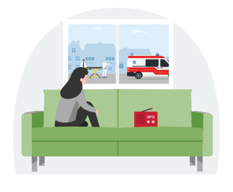Illustration of a woman sitting on the couch listening to the radio looking out the window at two first responders putting a stretcher into an ambulance.