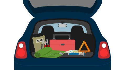 car kit in the back of an suv that includes sand, a blanket, a first aid kit, reflective triangle, phone charger and ice scraper.