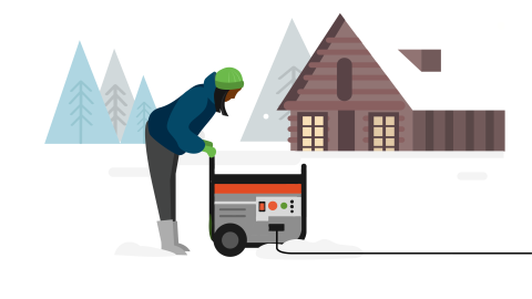 Woman outside in the snow working a generator.