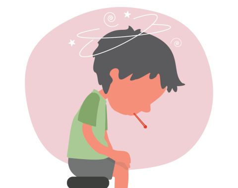 A dizzy child with red skin and a fever, from extreme heat. 